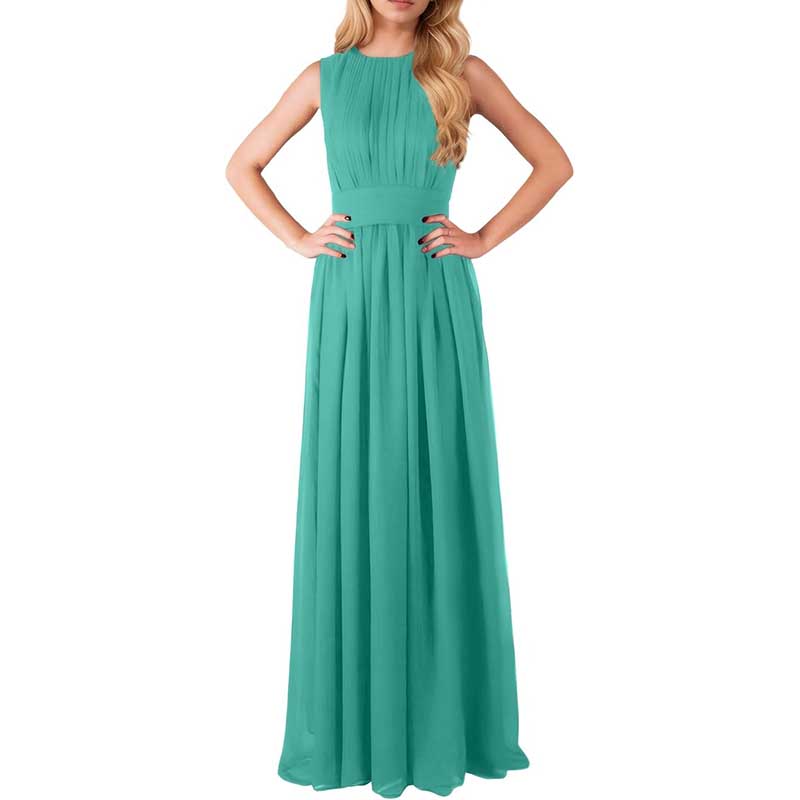 Green custom long chiffon bridesmaid dress with sleeveless design and pleated bodice