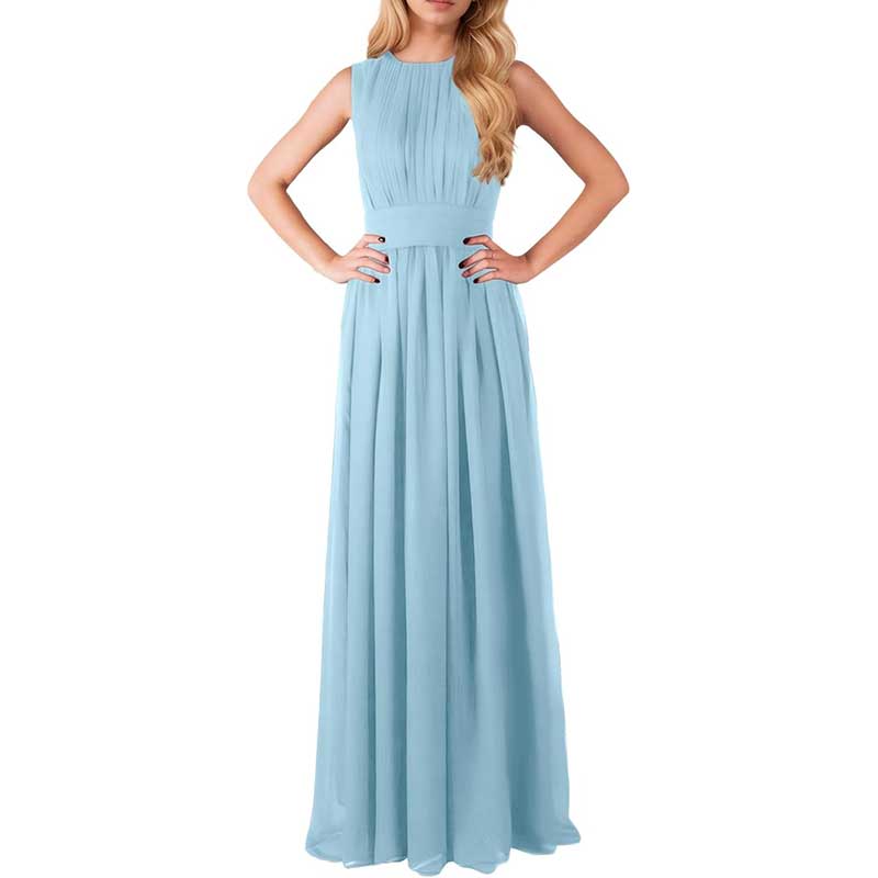 Light blue custom long chiffon bridesmaid dress with sleeveless design and pleated bodice