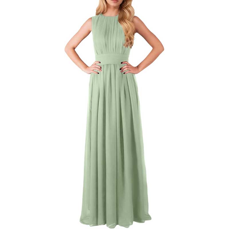 Elegant green custom long chiffon bridesmaid dress with sleeveless design and pleated bodice