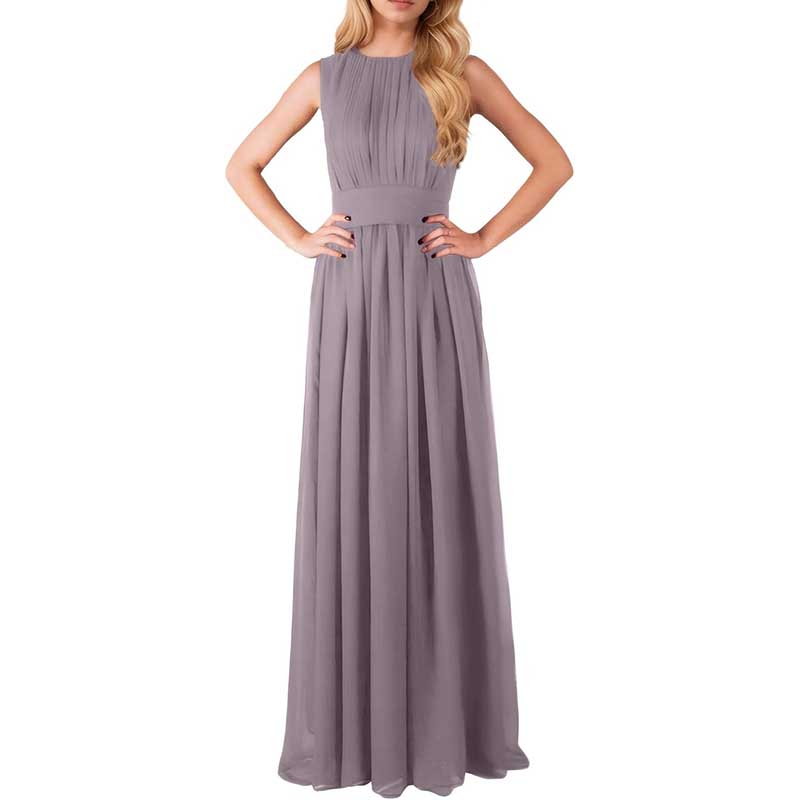 Elegant custom long chiffon bridesmaid dress in soft lavender with sleeveless design and pleated bodice