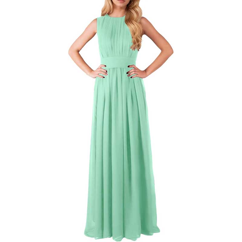 Mint green custom long chiffon bridesmaid dress with sleeveless design and pleated bodice