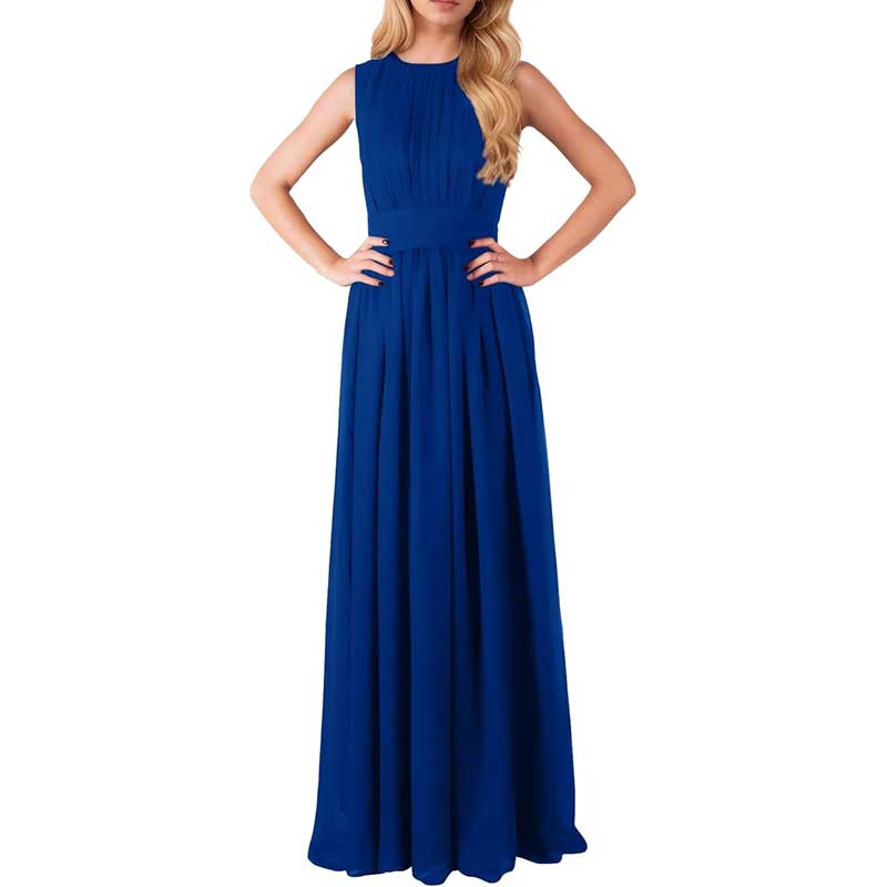 Elegant custom long chiffon bridesmaid dress in royal blue with sleeveless design and fitted waist