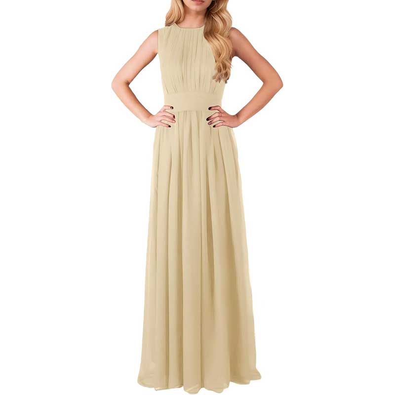 Elegant beige custom long chiffon bridesmaid dress with sleeveless design and pleated bodice