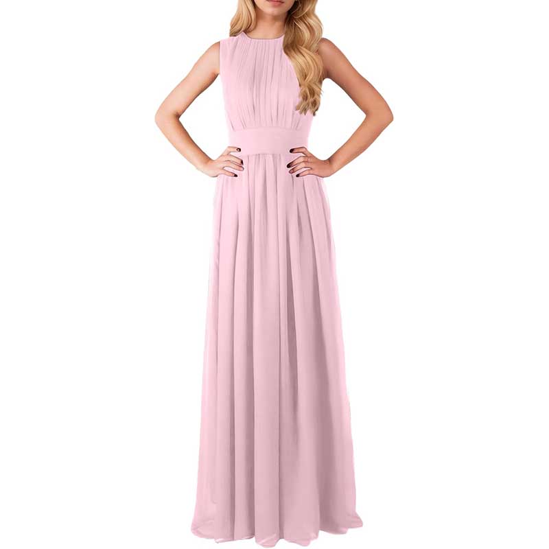 Pink custom long chiffon bridesmaid dress with sleeveless design and pleated bodice