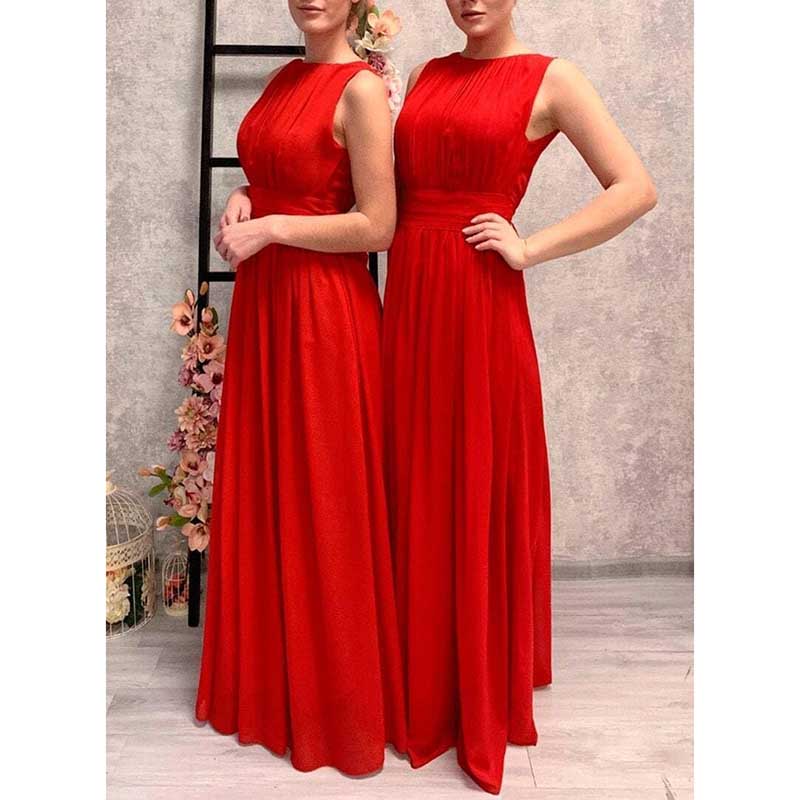 Two women wearing red custom long chiffon bridesmaid dress with sleeveless design and floor-length skirt