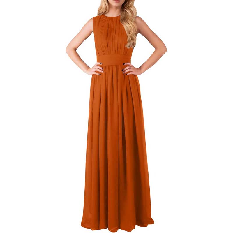 Orange custom long chiffon bridesmaid dress with sleeveless design and pleated waist detail
