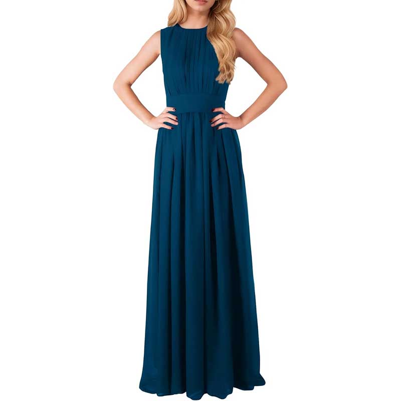 Elegant sleeveless custom long chiffon bridesmaid dress in dark blue with pleated bodice and flowing skirt