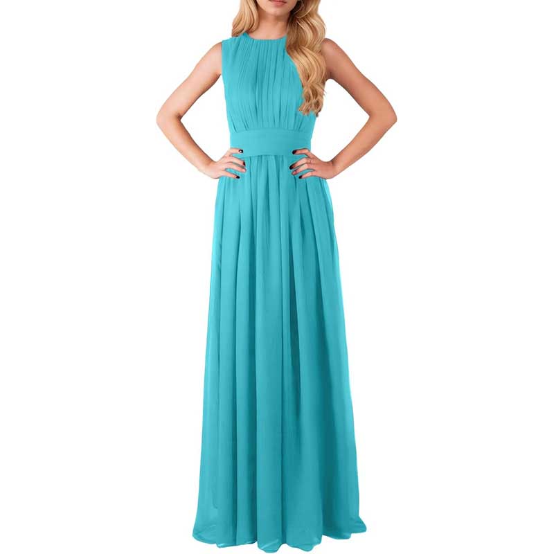 Turquoise custom long chiffon bridesmaid dress with sleeveless design and pleated bodice