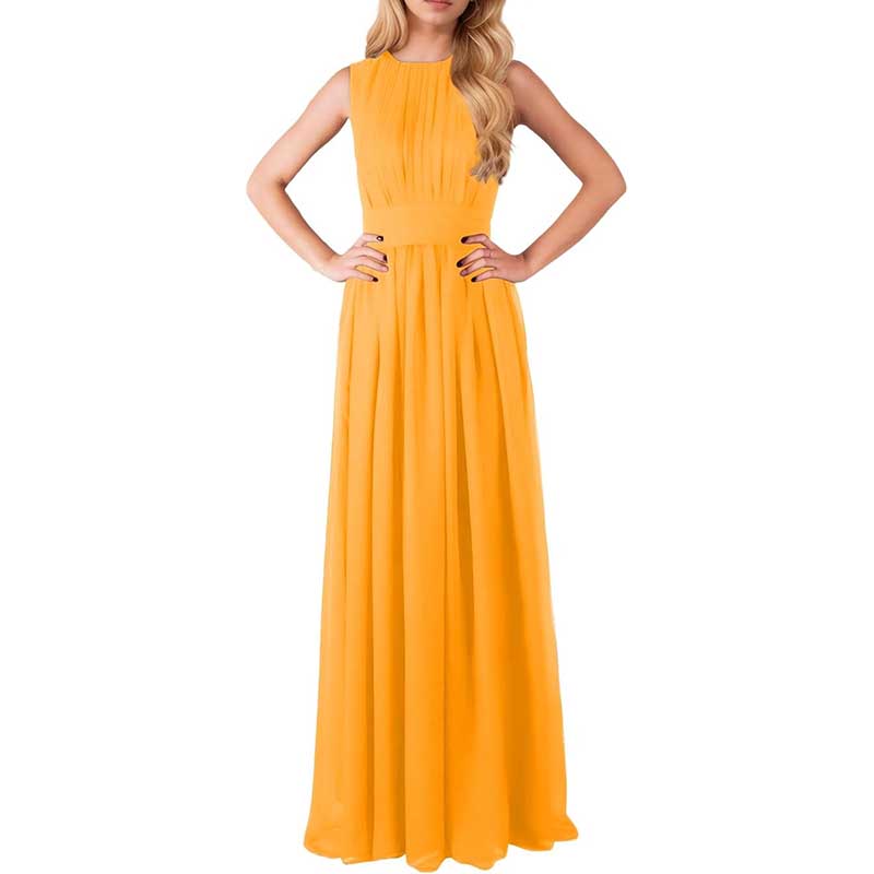 Yellow custom long chiffon bridesmaid dress with sleeveless design and pleated bodice