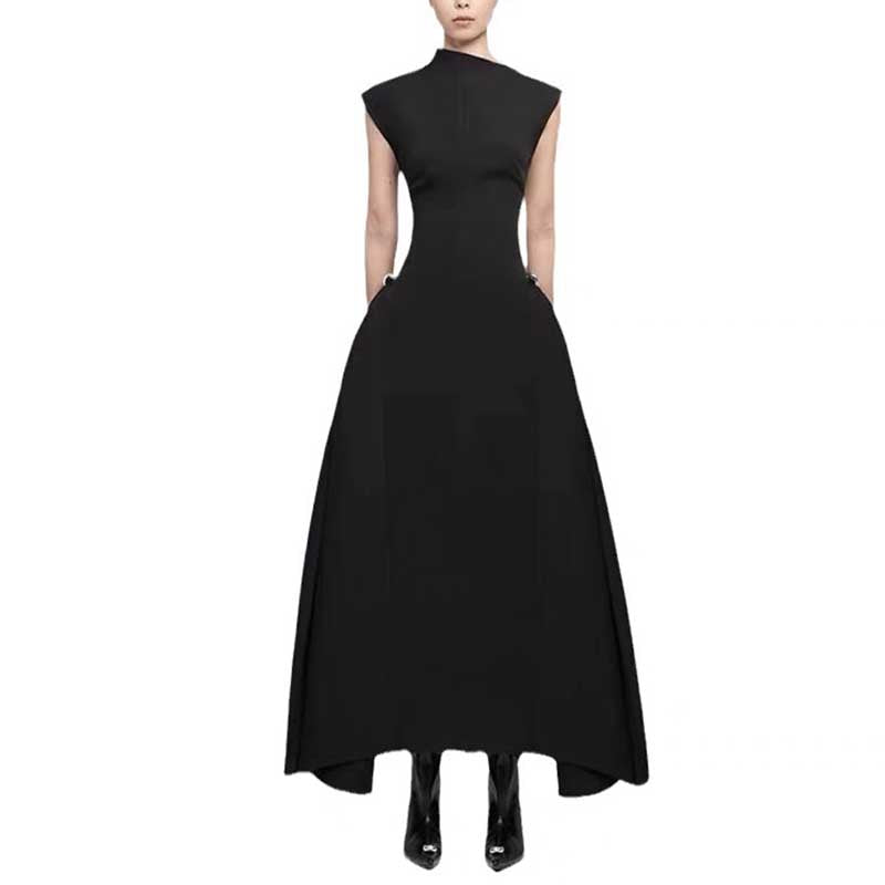 Mock Neck A-Line Midi Dress with Pockets For Women