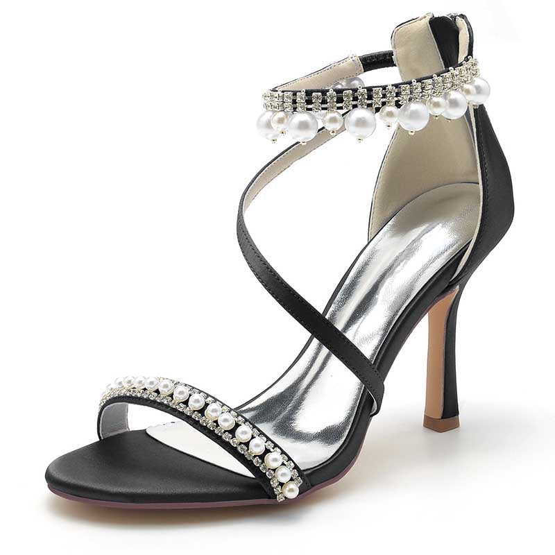 Women Pearls Rhinestones Open Toe Wedding Sandals 3.74" Dress Shoes