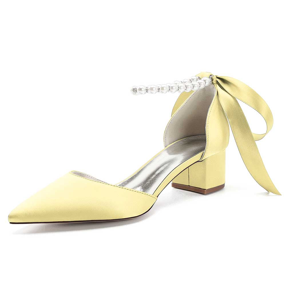 Women Chunky Heel Bridal Shoes With Pearls Straps 1.77" Heels