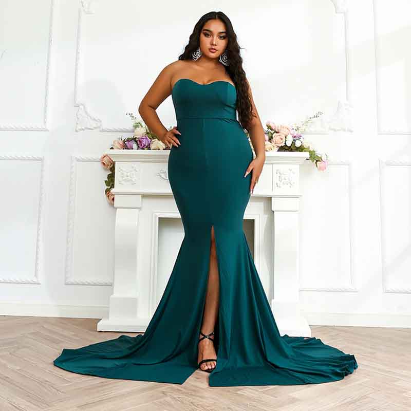 Women Prom Gown Plus Size Strapless Slit Front Wedding Evening Party Maxi Dress