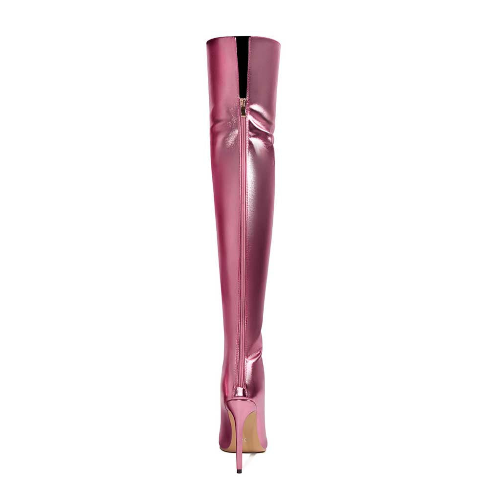 Shiny leather high heel over the knee boots for women in metallic pink with back zipper