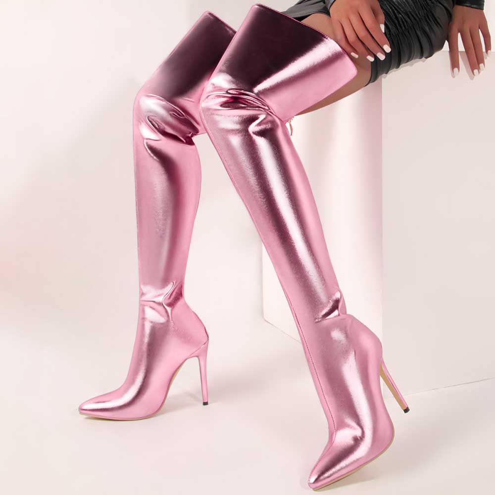 Pink Shiny leather high heel over the knee boots for women in metallic pink with pointed toes
