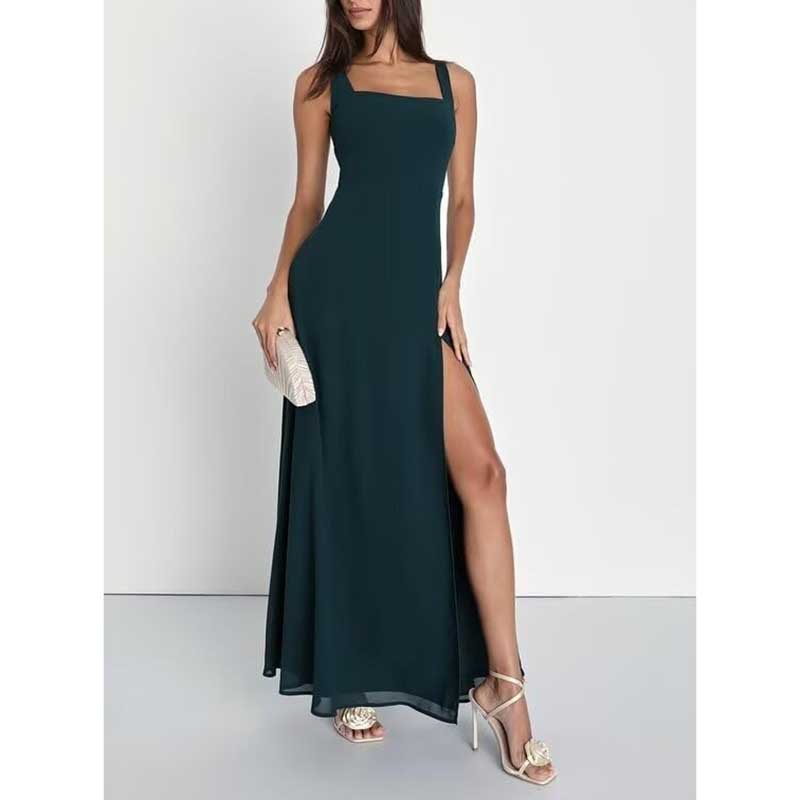Elegant chiffon bridesmaid dress with high split in dark green worn with heels and clutch