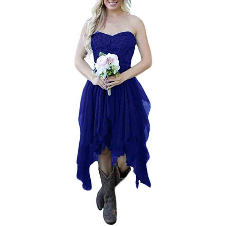 Country High Low Bridesmaid Dress Chiffon Lace Wedding Guest Outfit