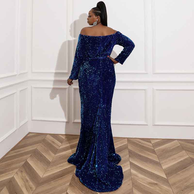 Plus Size Sequin Navy Blue Maxi Dress with Sleeves Evening Gowns