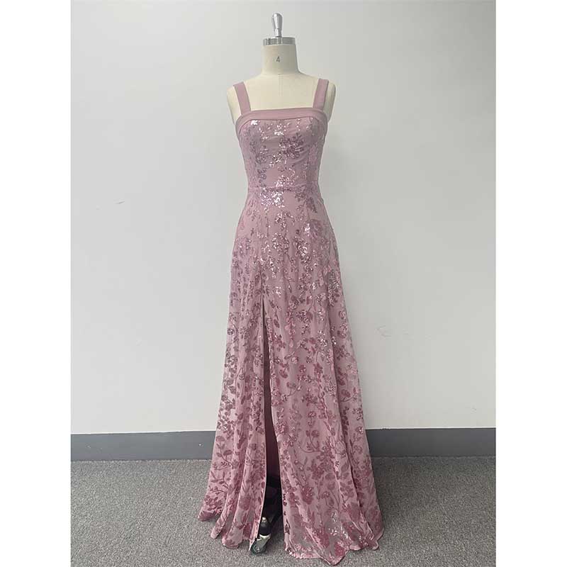 Sleeveless U-Neck Sequin Wedding Guest Dress Dusty Pink Long Evening Dress