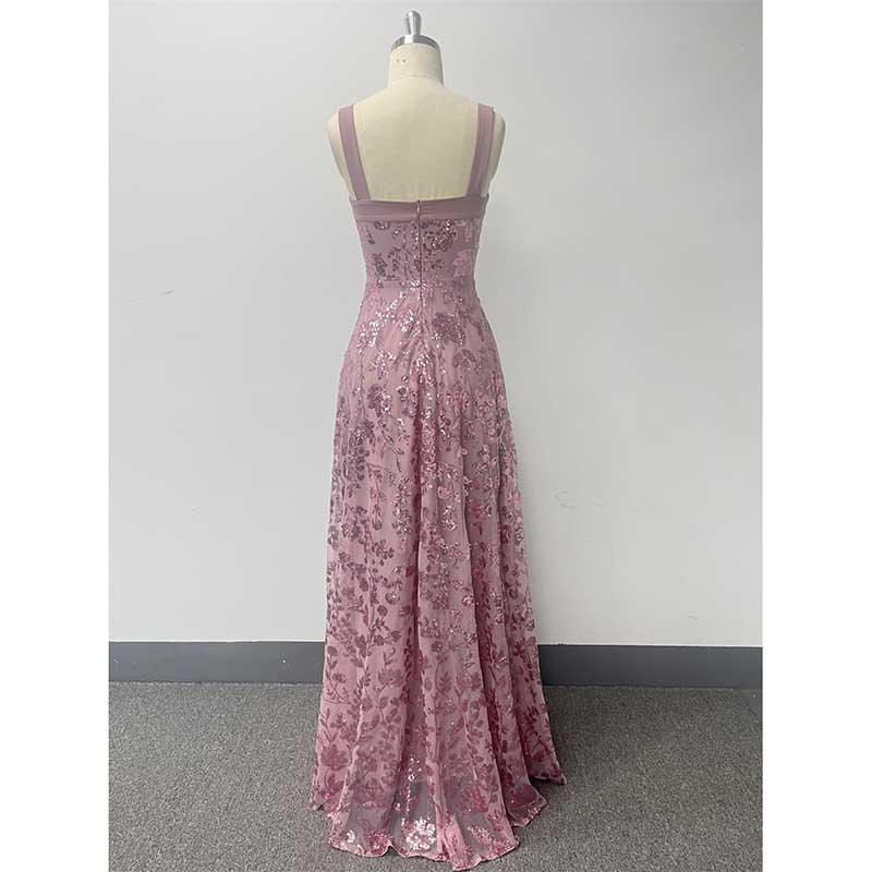 Sleeveless U-Neck Sequin Wedding Guest Dress Dusty Pink Long Evening Dress