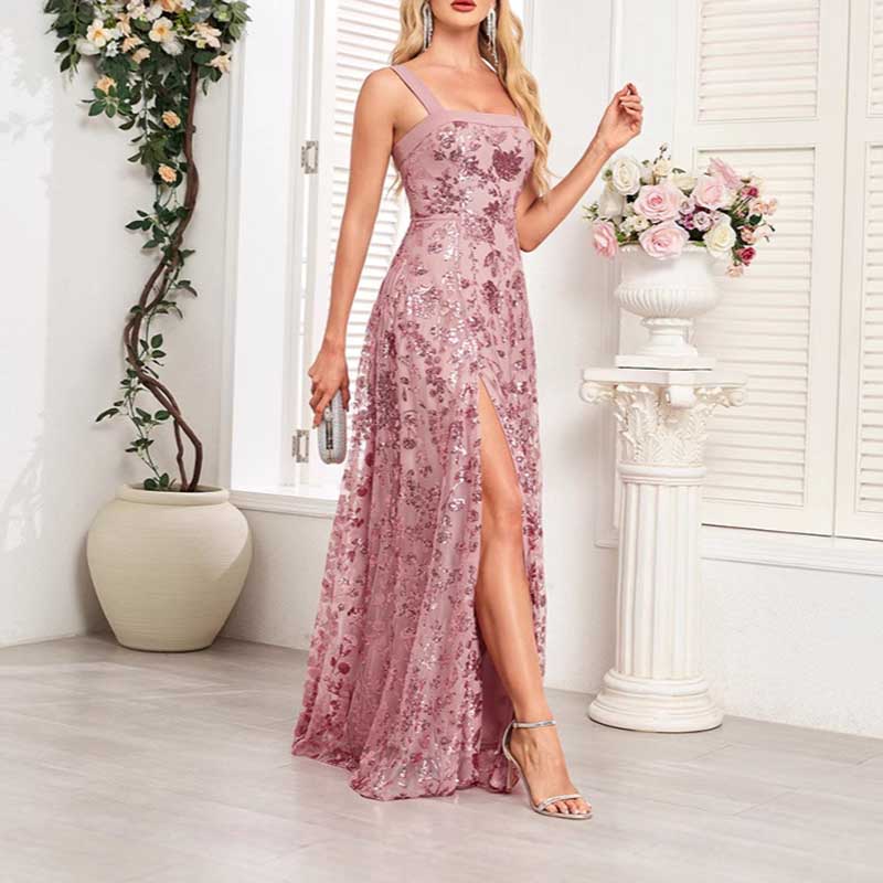Sleeveless U-Neck Sequin Wedding Guest Dress Dusty Pink Long Evening Dress