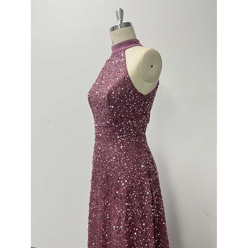 Halter Neck Sequin Wedding Guest Dress Dusty Rose Long Evening Dress