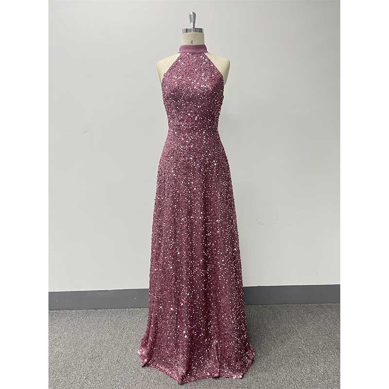Halter Neck Sequin Wedding Guest Dress Dusty Rose Long Evening Dress
