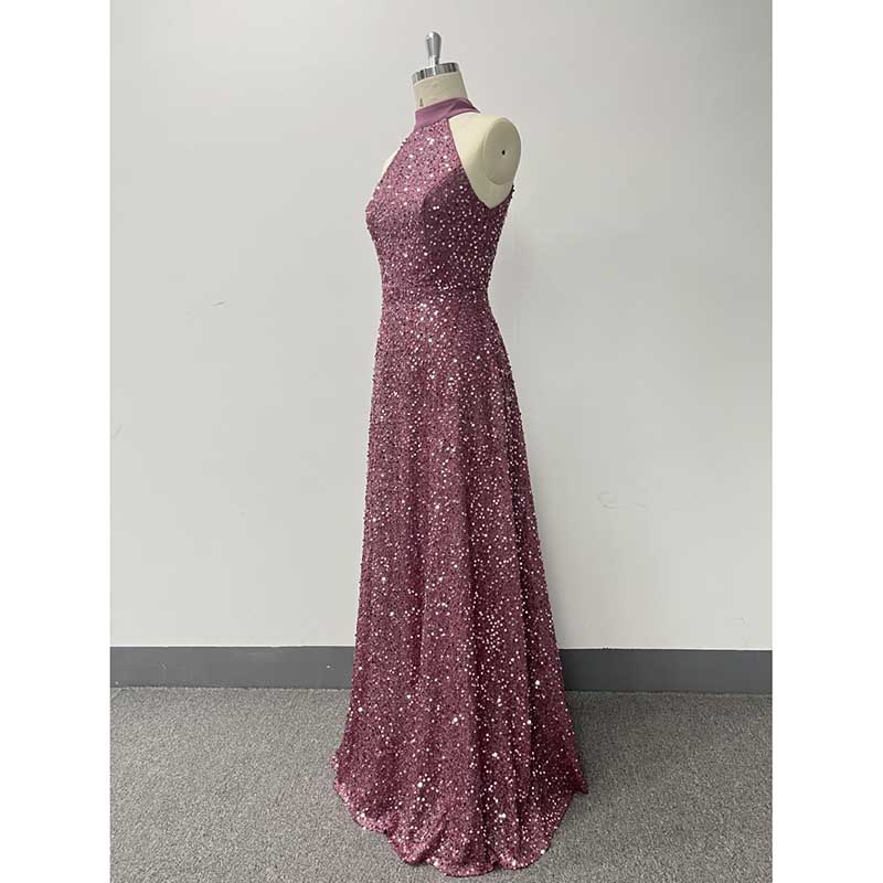 Halter Neck Sequin Wedding Guest Dress Dusty Rose Long Evening Dress