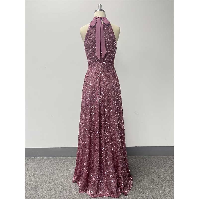 Halter Neck Sequin Wedding Guest Dress Dusty Rose Long Evening Dress
