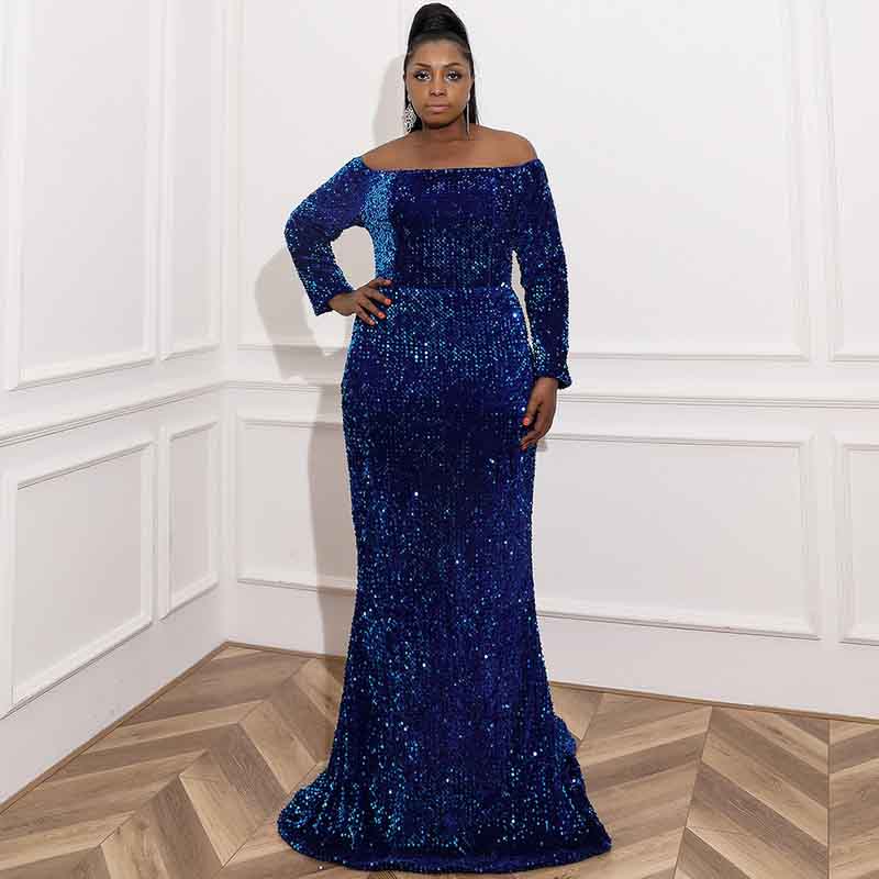 Plus Size Sequin Navy Blue Maxi Dress with Sleeves Evening Gowns