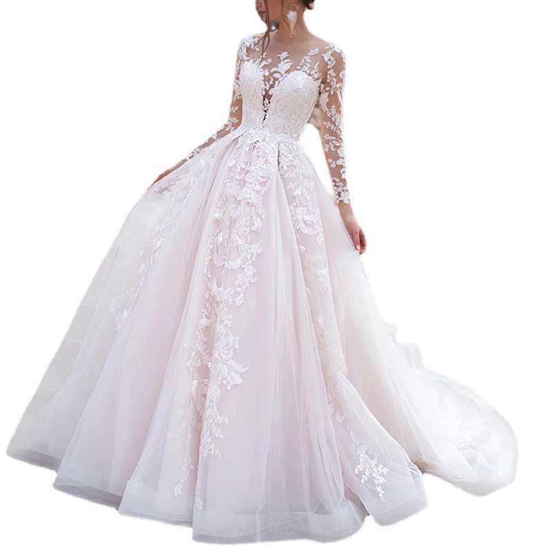 Elegant lace wedding dress with sleeves featuring intricate floral lace details and long sheer sleeves