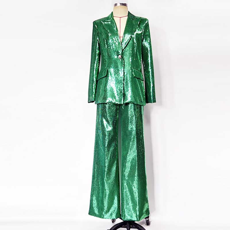 One Button Emerald Green Blazer Suit Sequins Formal Pantsuit