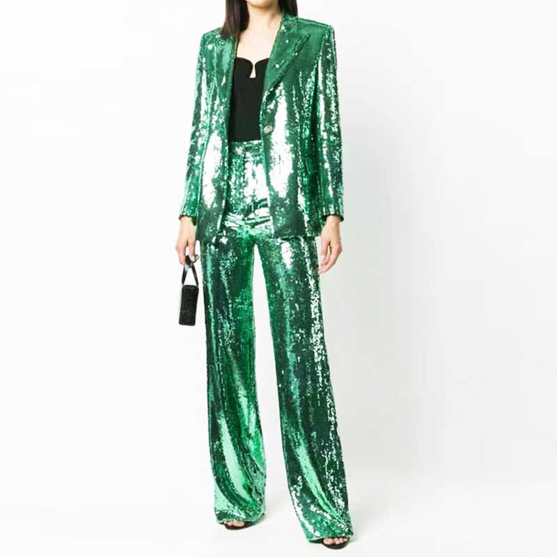 One Button Emerald Green Blazer Suit Sequins Formal Pantsuit