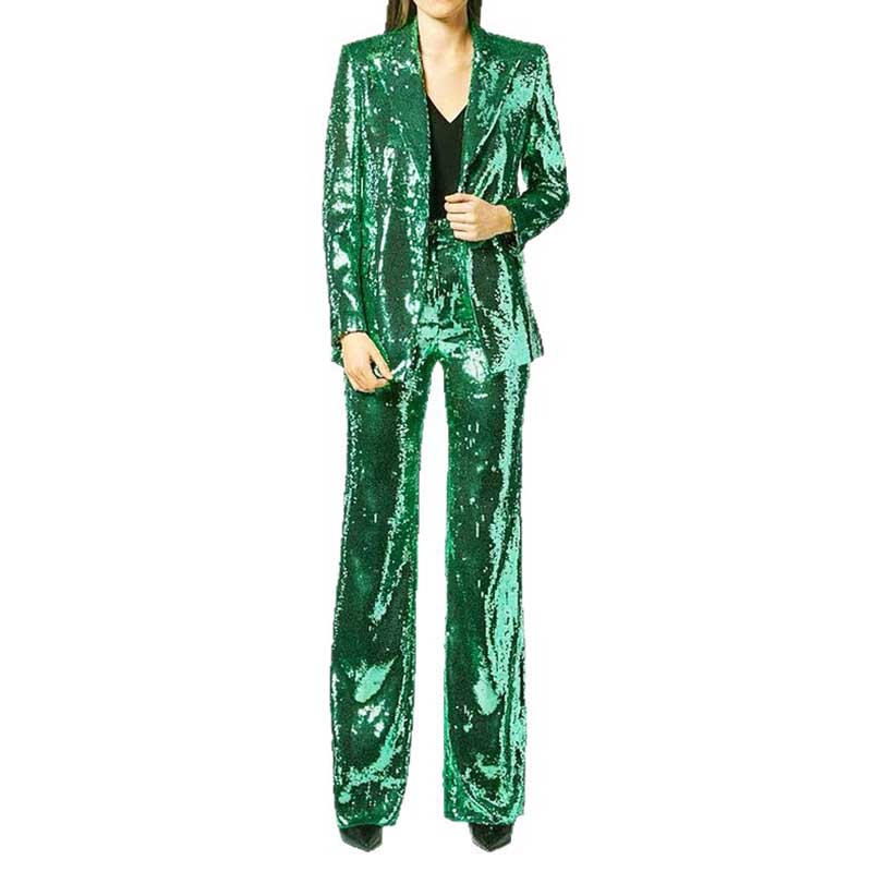One Button Emerald Green Blazer Suit Sequins Formal Pantsuit