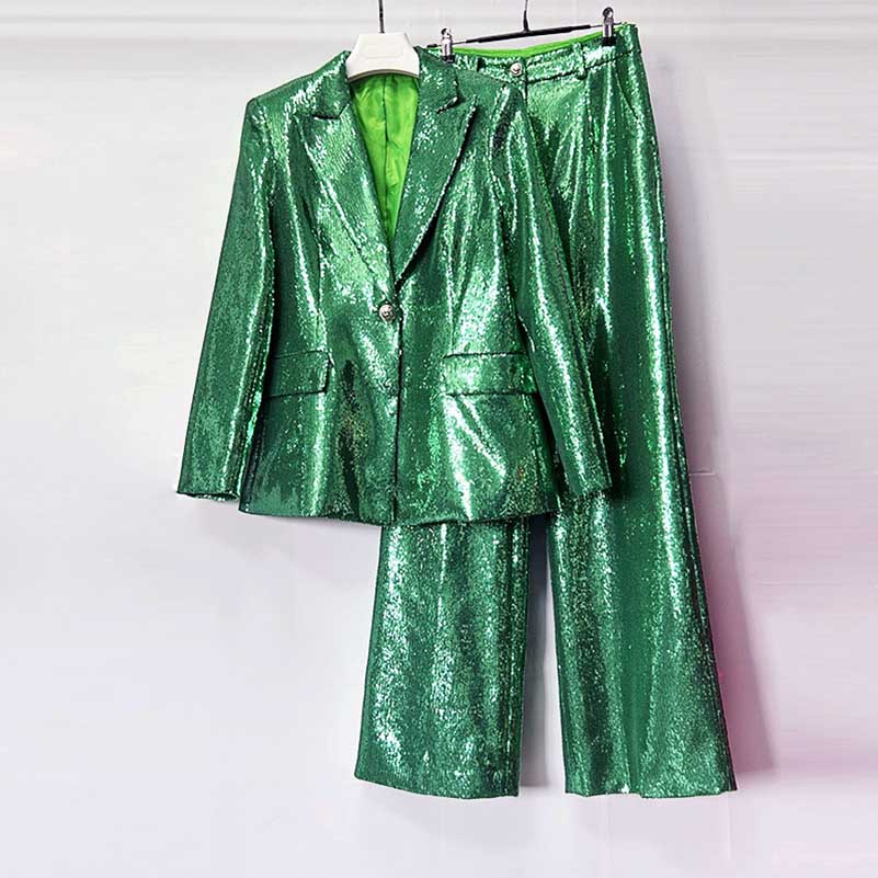 One Button Emerald Green Blazer Suit Sequins Formal Pantsuit