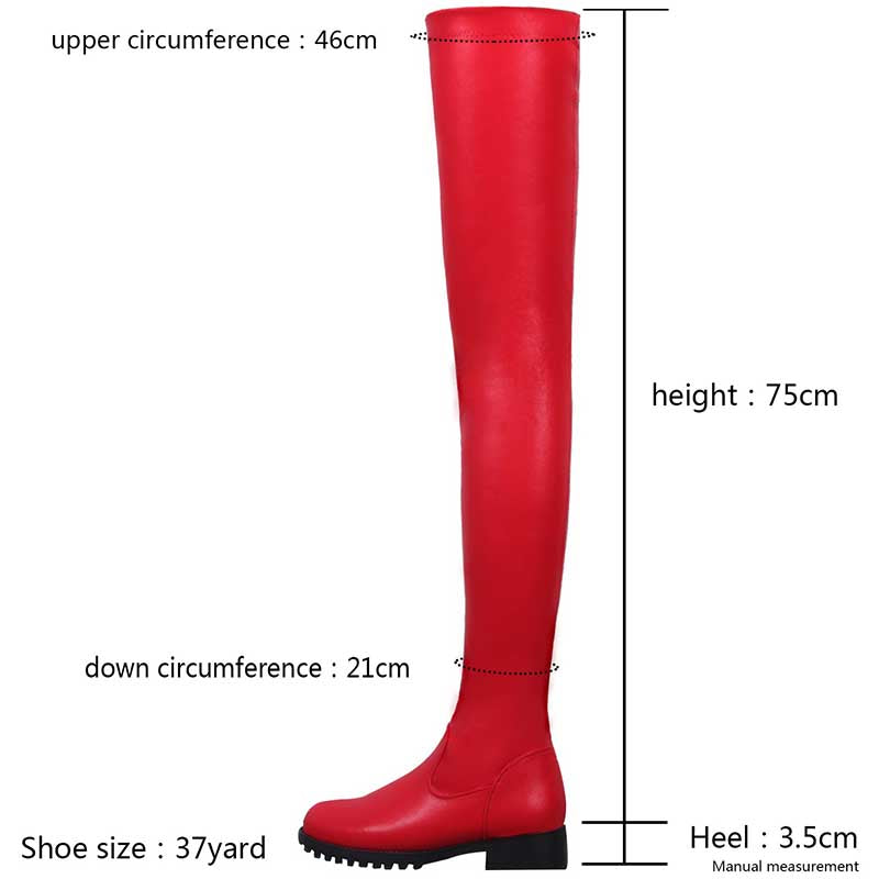 Red extra long platform boots for women with 75cm height and 3.5cm heel size measurements