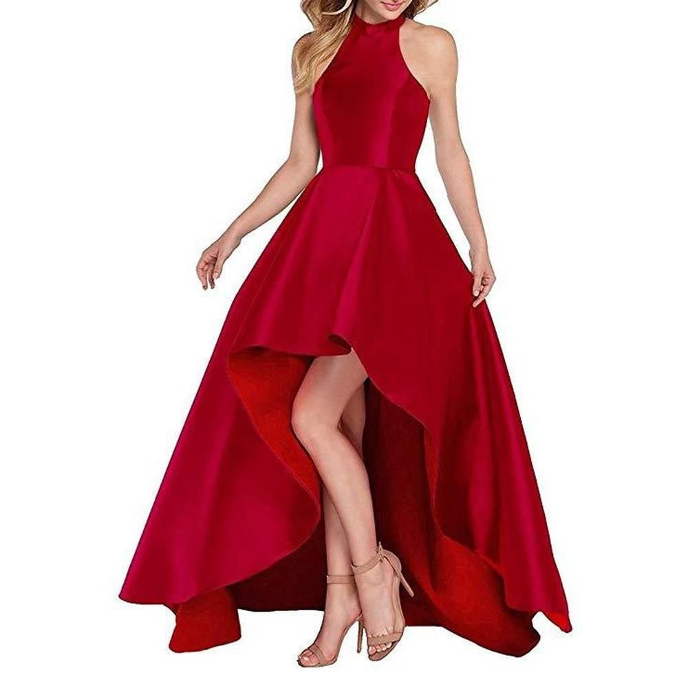 High Low Satin Prom Dress Halter Wedding Guest Dress Party Ball Gown