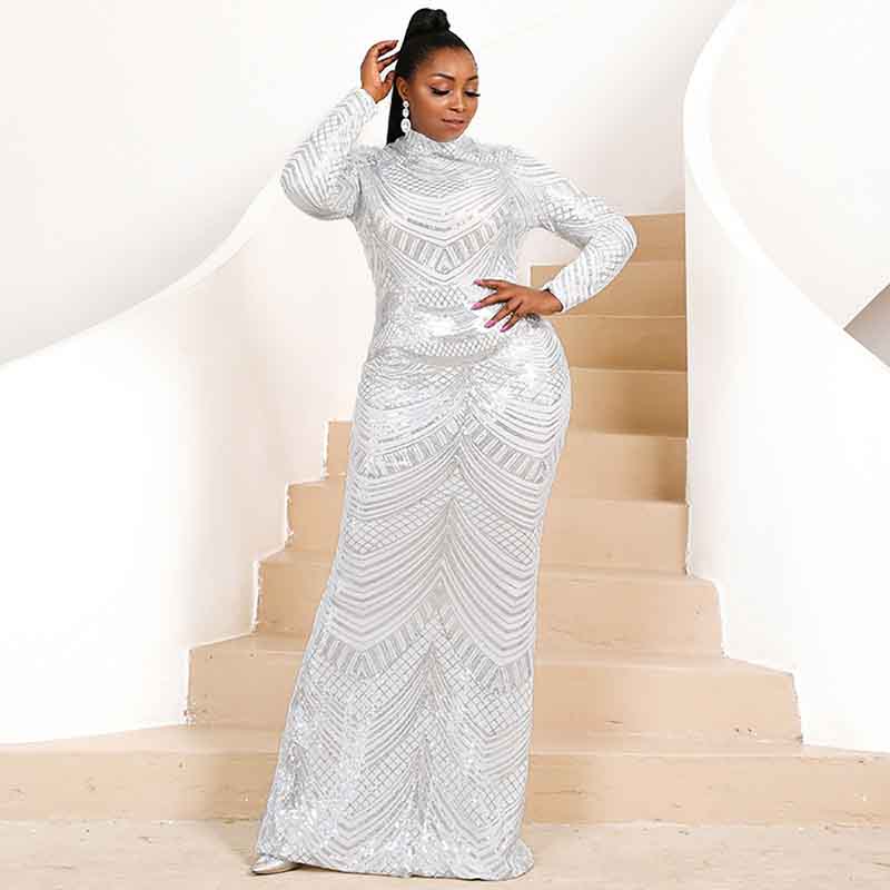 Women Plus Size Long Sleeve Sequin Gown Female Maxi Elegant Dress
