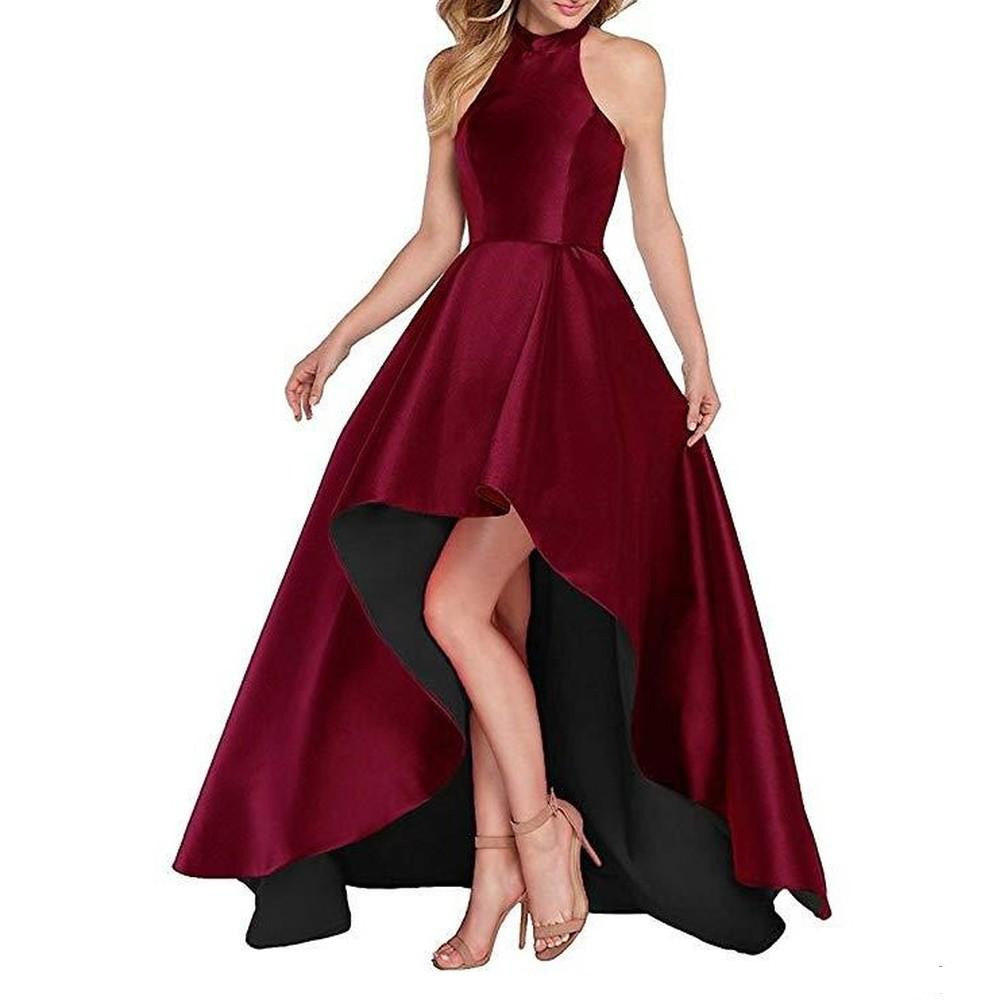 High Low Satin Prom Dress Halter Wedding Guest Dress Party Ball Gown