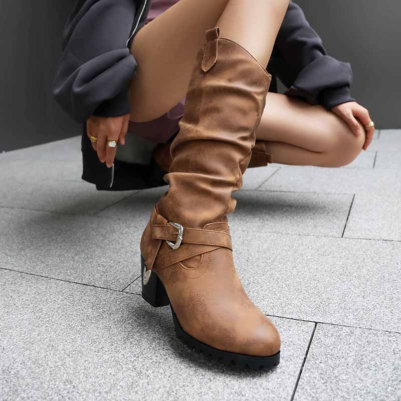 Knee High Boots with Belt – Chunky Heel Women’s Fashion Boots