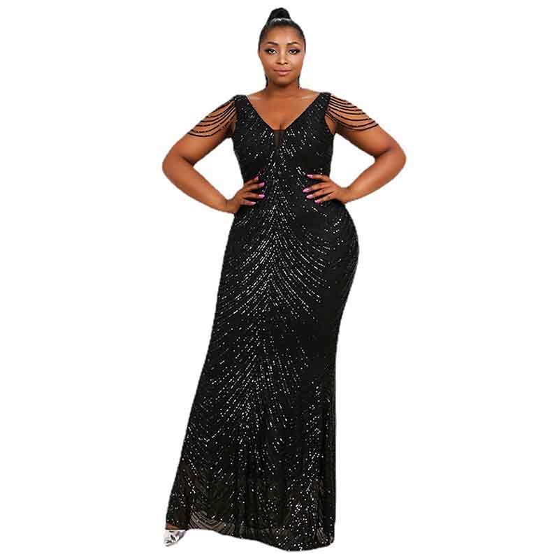 Plus Size Ball Gown Halter Sequin Tassel Sleeveless Maxi Prom Dress
