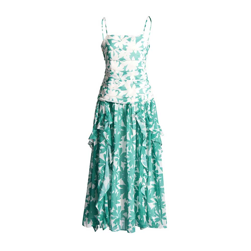Green Printed Strapless Maxi Dress