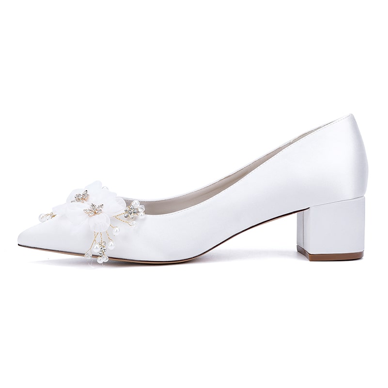 Satin Wedding Shoes Chunky Heel Point Toe Bridal Heels Dress Shoes