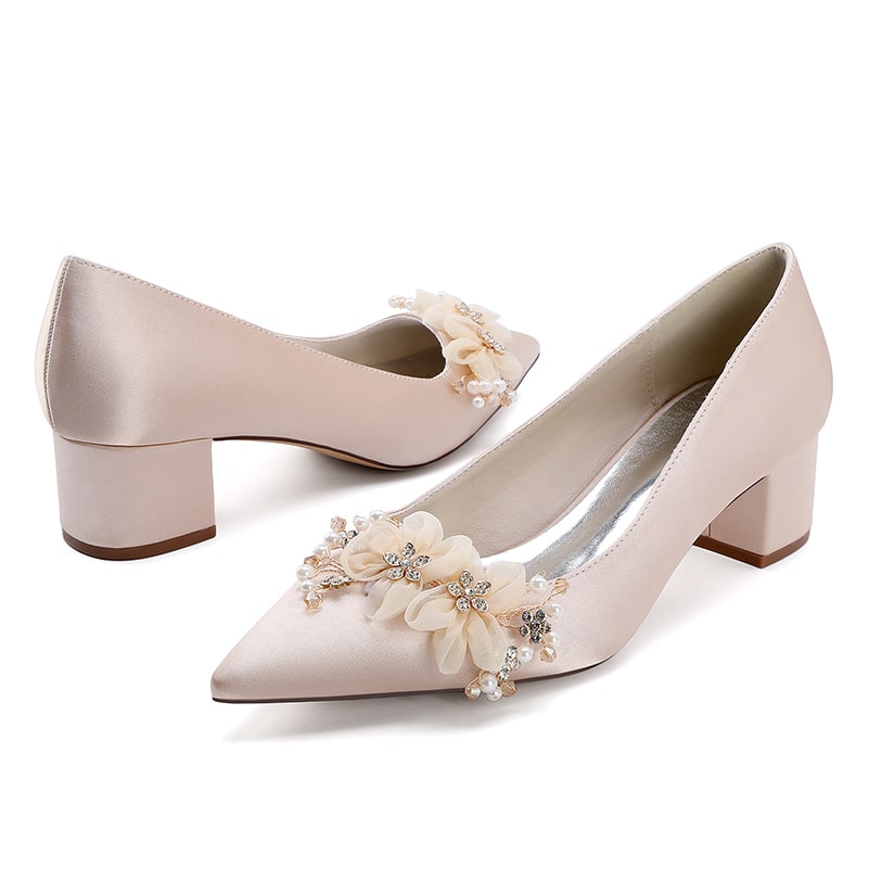 Satin Wedding Shoes Chunky Heel Point Toe Bridal Heels Dress Shoes