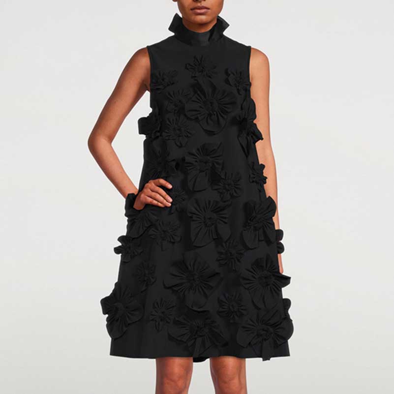 Sleeveless Standard Collar Short Dress Flower Embellished Mini Dress