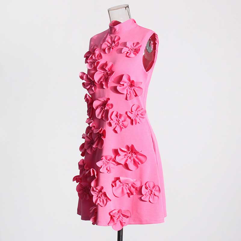 Sleeveless Standard Collar Short Dress Flower Embellished Mini Dress