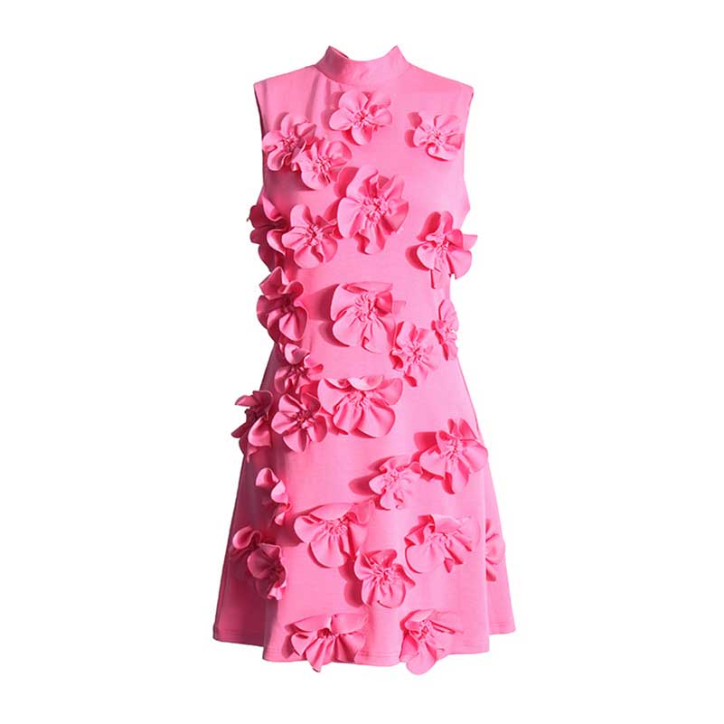 Sleeveless Standard Collar Short Dress Flower Embellished Mini Dress