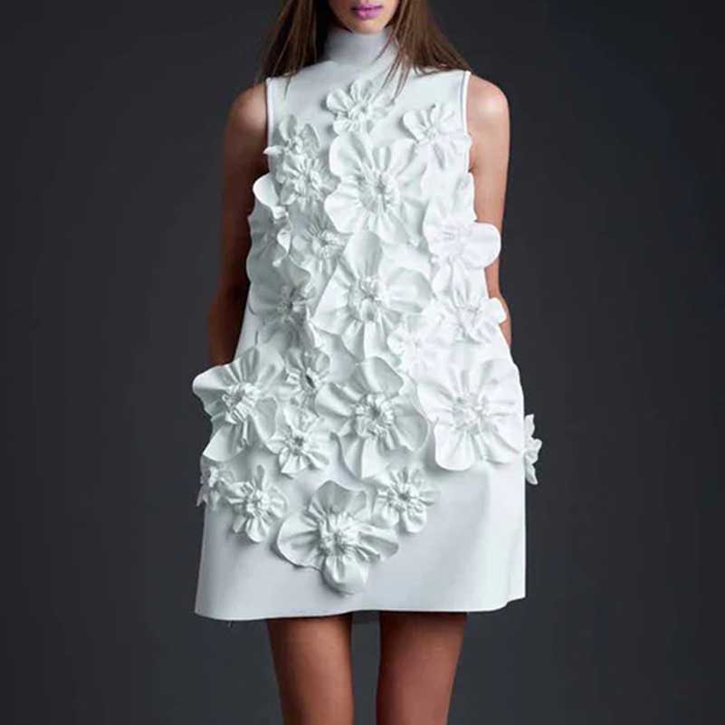 Sleeveless Standard Collar Short Dress Flower Embellished Mini Dress