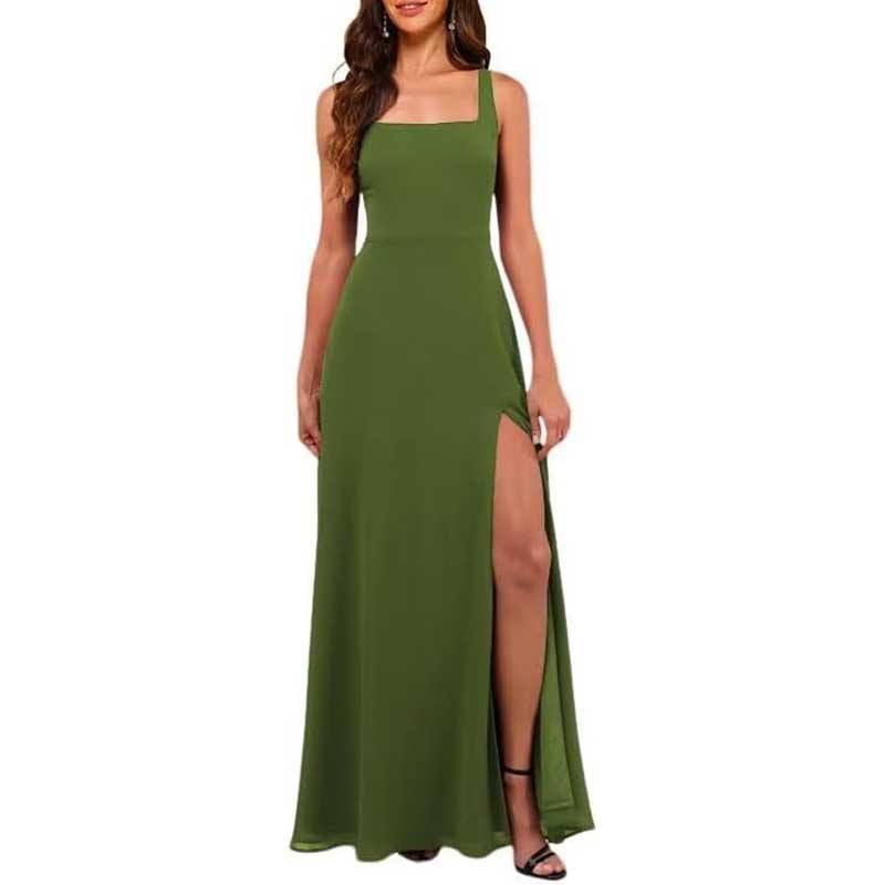Olive green chiffon bridesmaid dress with high split and square neckline sleeveless design