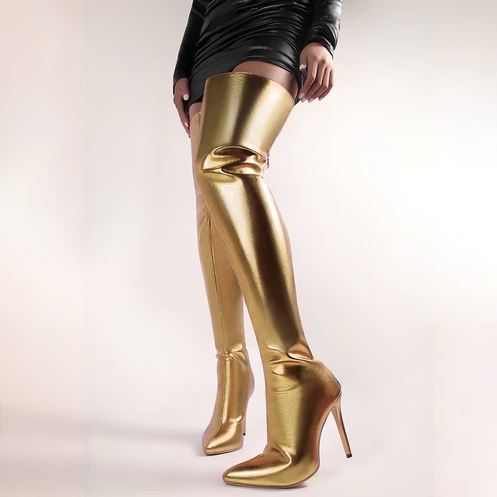 Shiny leather high heel over the knee boots for women in metallic gold with pointed toes